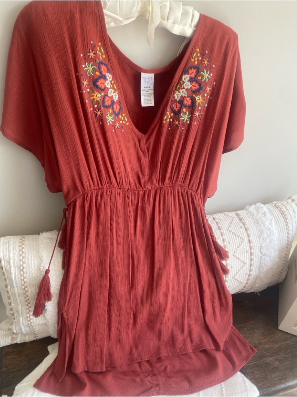 Time and Tru Rust Red Embroidered V-Neck Tunic/Cover Up with Tassel Sides